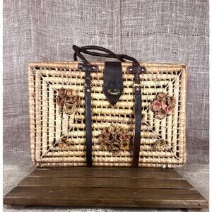 1960s Handwoven Raffia & Leather Floral Picnic Basket/Leather Handles